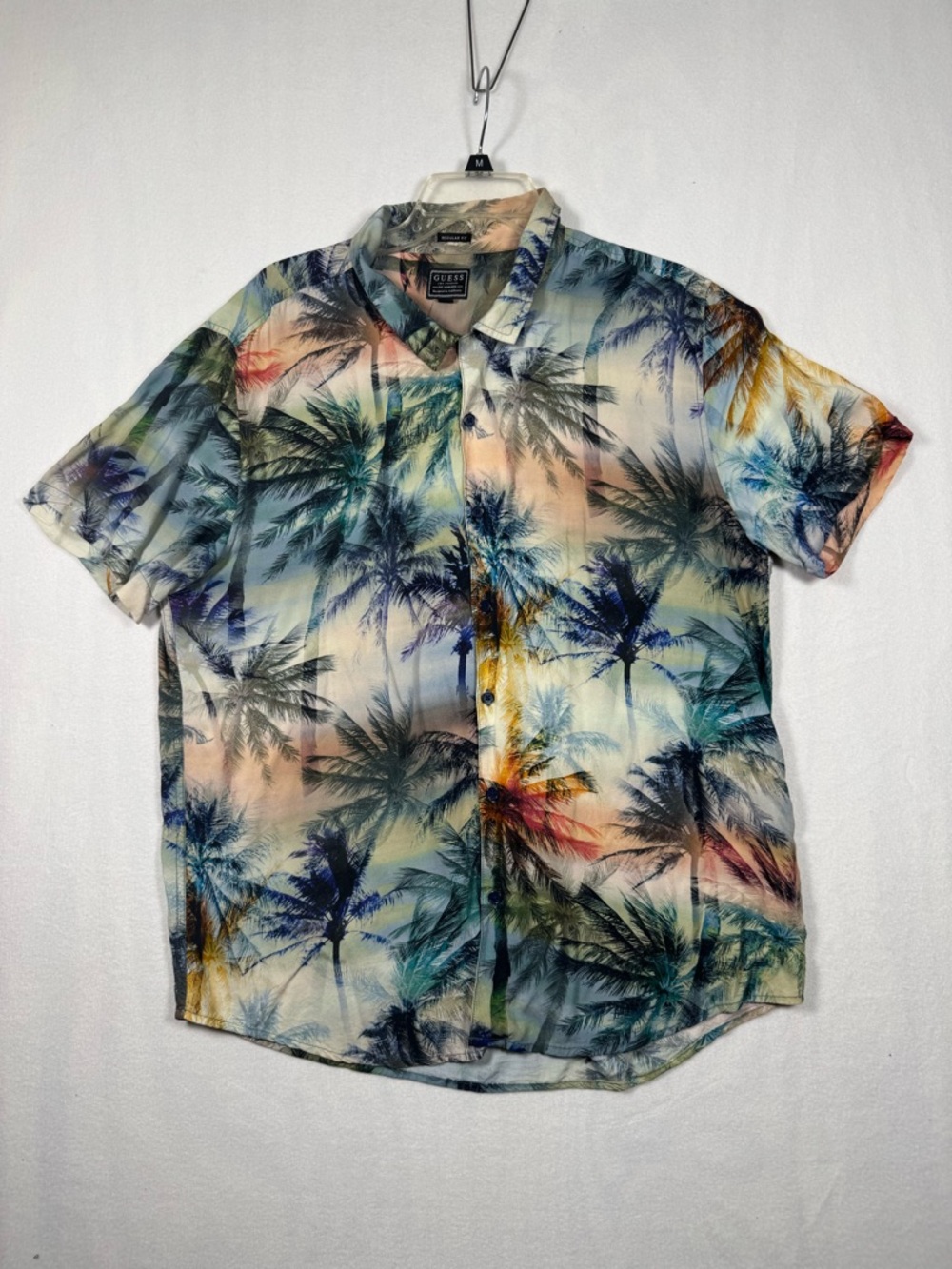 Guess Tropical Palm Print Short Sleeve Button-Down Shirt - Blue Green Cream Tan